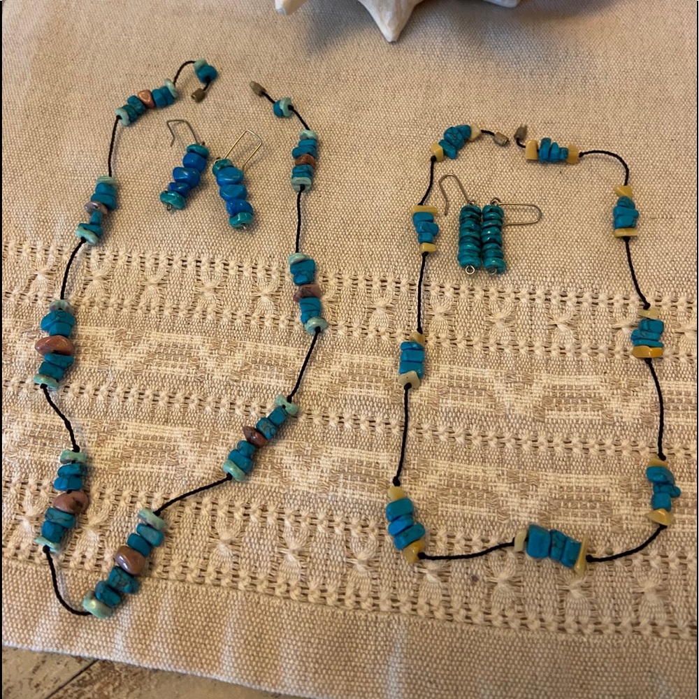 Set of true turquoise earrings and bead necklaces